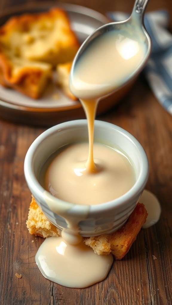 Vanilla Sauce for Bread Pudding Recipe Creamy vanilla sauce drizzled over warm bread pudding on a rustic wooden table.